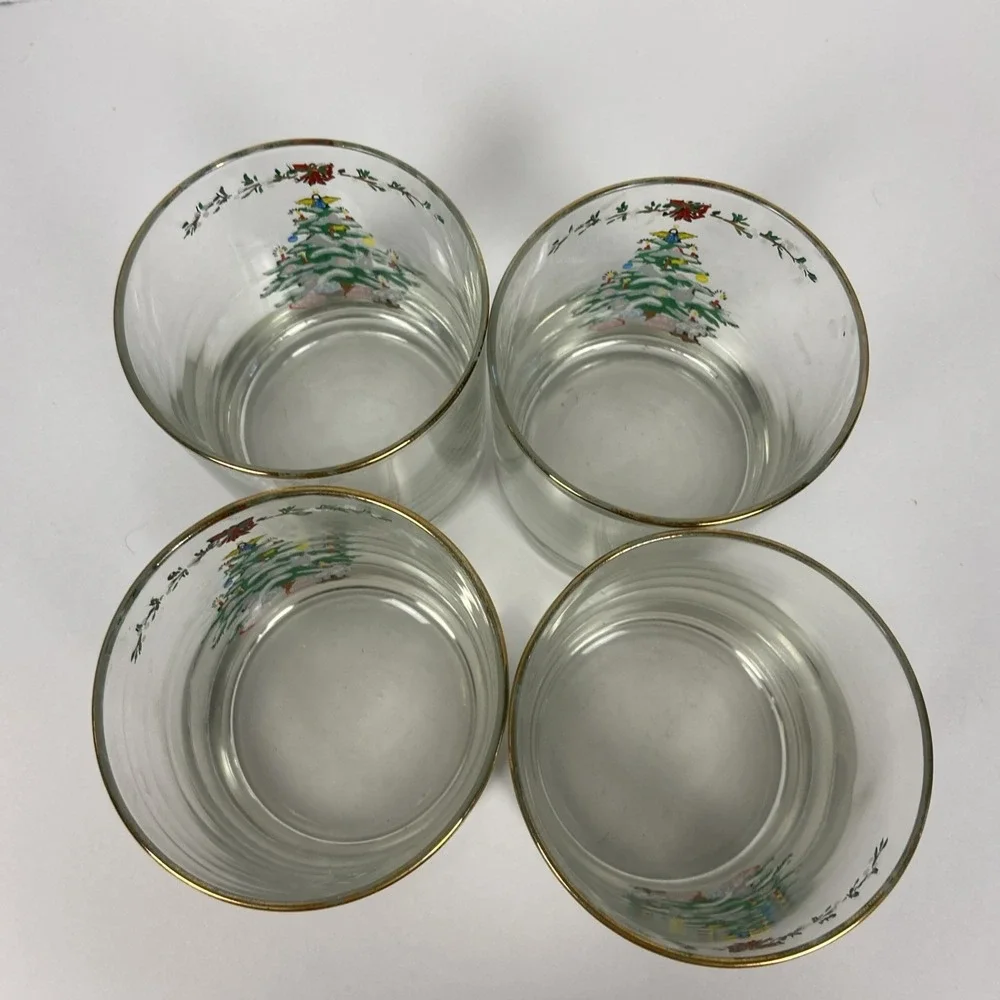 Vtg Home Trends Christmas Tree Set of 4 Glasses Golden Rim Juice / Whisky Glass